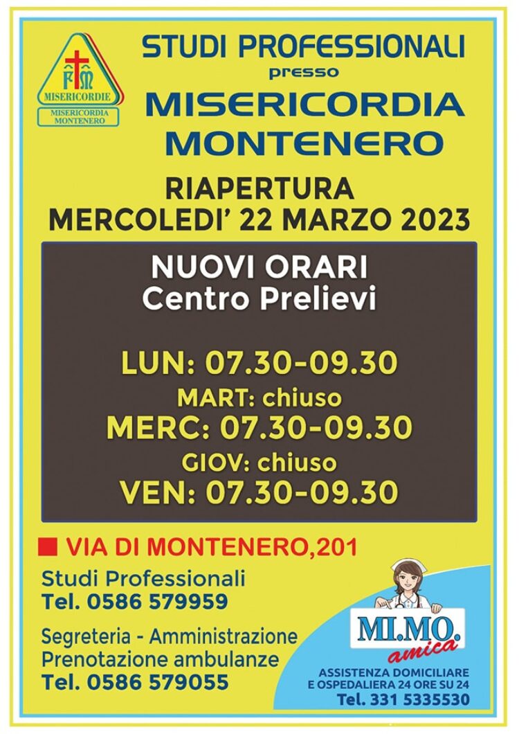 Il Centro Prelievi presso la Misericordia di Montenero riapre con nuovi orari a partire dal 22 Marzo 2023